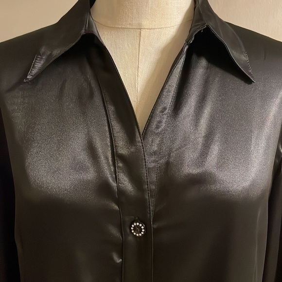 Luxury European designer black satin collared button up blouse bishop sleeves L - Picture 3 of 13